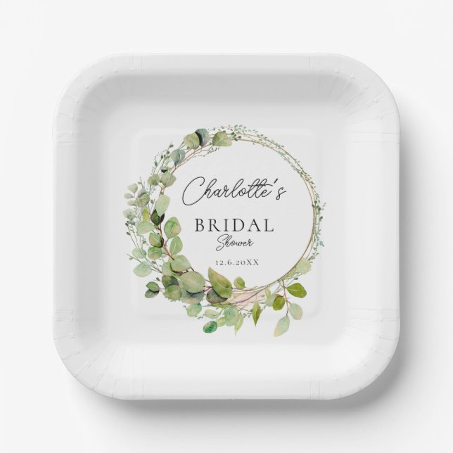 Simple, elegant eucalyptus  Bridal Shower    Paper Plate (Front)