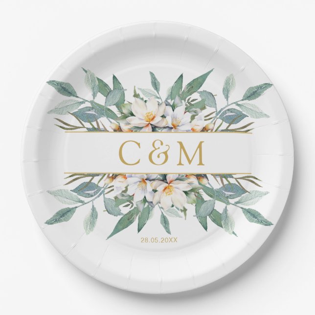 Simple, elegant eucalyptus floral napkins paper plate (Front)
