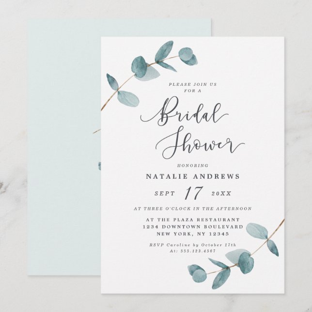 Simple Elegant Eucalyptus Frame Bridal Shower Invitation (Front/Back)
