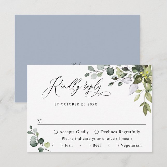 Simple Elegant Eucalyptus MEAL CHOICE Wedding RSVP Card (Front/Back)
