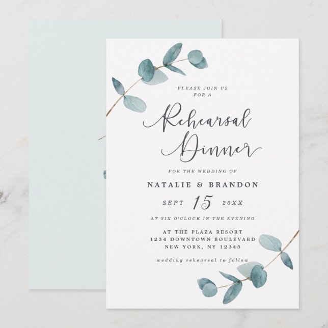 Simple Elegant Eucalyptus Wedding Rehearsal Dinner Invitation (Front/Back)