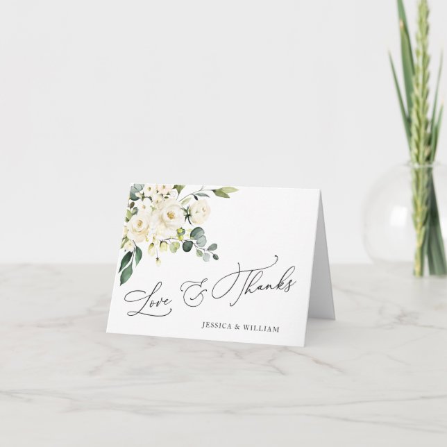 Simple Elegant Eucalyptus White Roses Floral Thank You Card (Front)