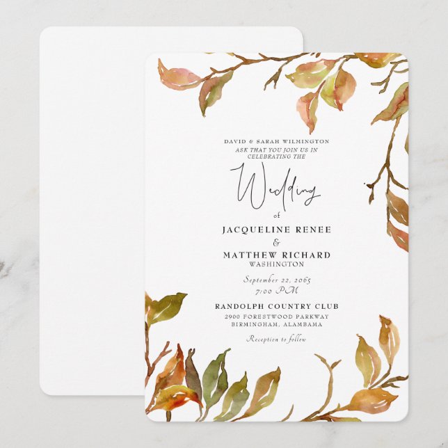 Simple & Elegant Fall Foliage Rounded Wedding Invitation (Front/Back)