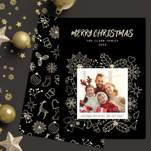 Simple Elegant Family 1 Photo Frame Black and Gold Holiday Card
