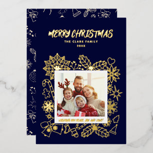 Simple Elegant Family 1 Photo Frame in Dark Blue Foil Holiday Card