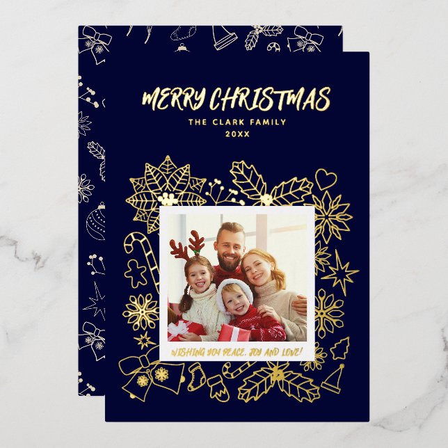 Simple Elegant Family 1 Photo Frame in Dark Blue Foil Holiday Card (Front/Back)
