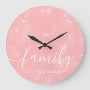 Simple Elegant Family Text Pink  Large Clock