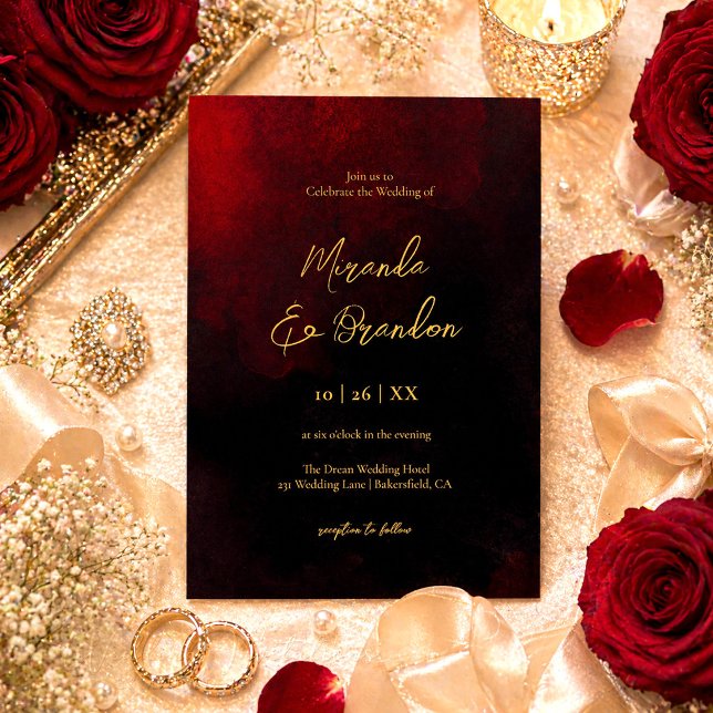 Simple Elegant Faux Gold Script Red Black Wedding Invitation (Creator Uploaded)