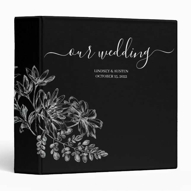 Simple Elegant Floral Black White Script Wedding  Binder (Front/Spine)