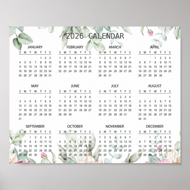 Simple Elegant Floral Botanical 2026 Calendar |  Poster (Front)