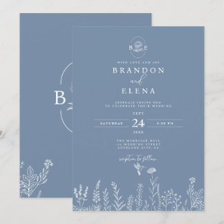 Simple Elegant Floral Botanical Dusty Blue Wedding Invitation