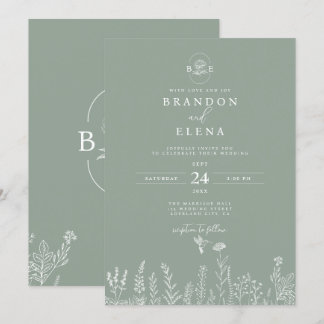 Simple Elegant Floral Botanical Sage Green Wedding Invitation