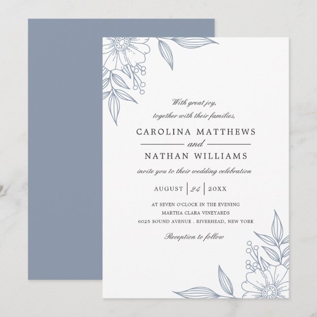 Simple Elegant Floral Corners Wedding Blue Invitation (Front/Back)