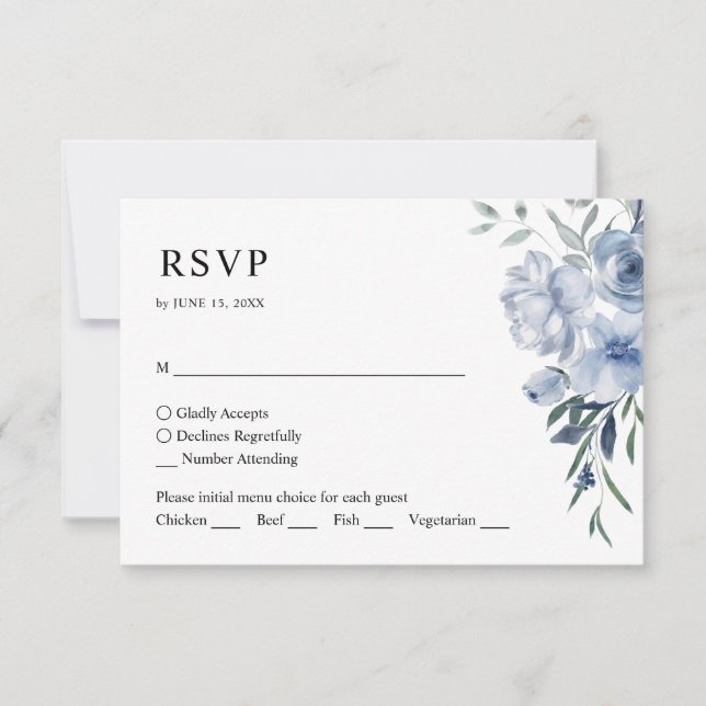 Simple Elegant Floral Dusty Blue QR Code Wedding RSVP Card (Front)