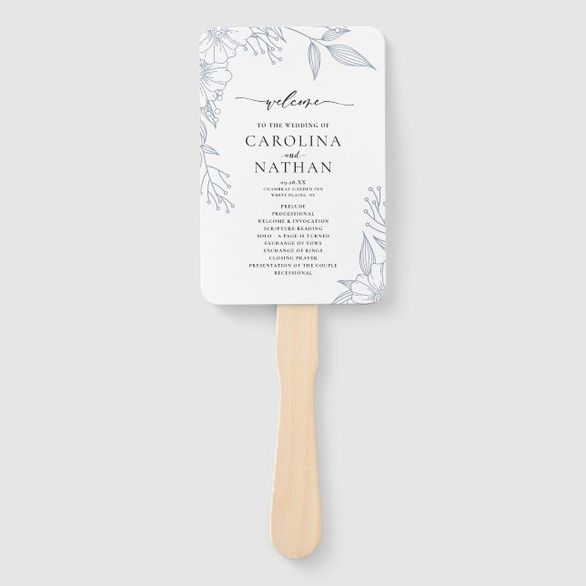 Simple Elegant Floral Dusty Blue Wedding Program  Hand Fan (Front)