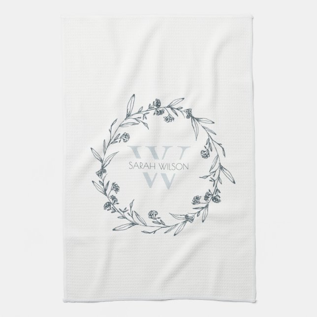 Simple Elegant Floral Laurel Wreath Monogram Kitchen Towel (Vertical)