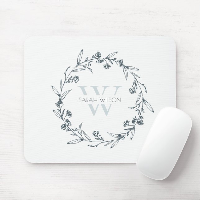 Simple Elegant Floral Laurel Wreath Monogram Mouse Pad (With Mouse)