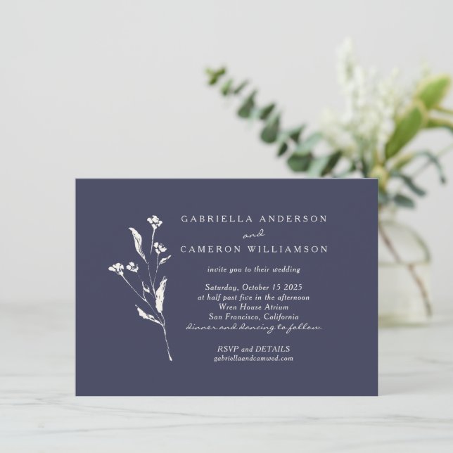 Simple Elegant Floral Navy Blue Ivory Wedding Invitation (Standing Front)
