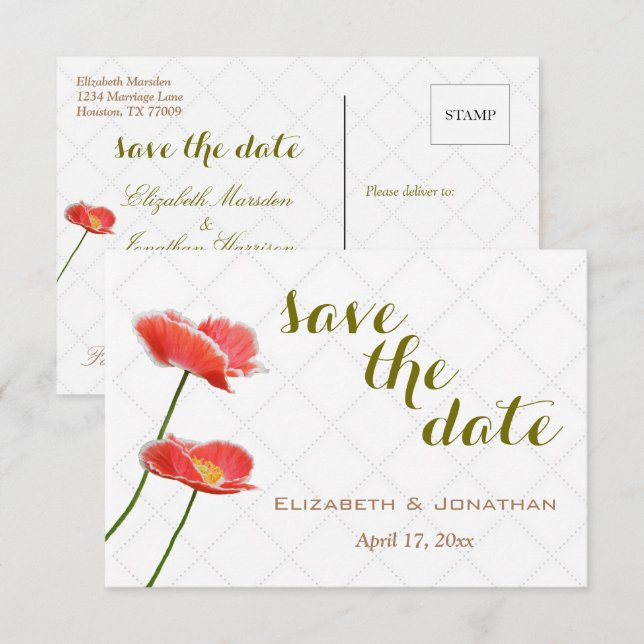 Simple Elegant Floral Poppies Save The Date Invitation (Front/Back)
