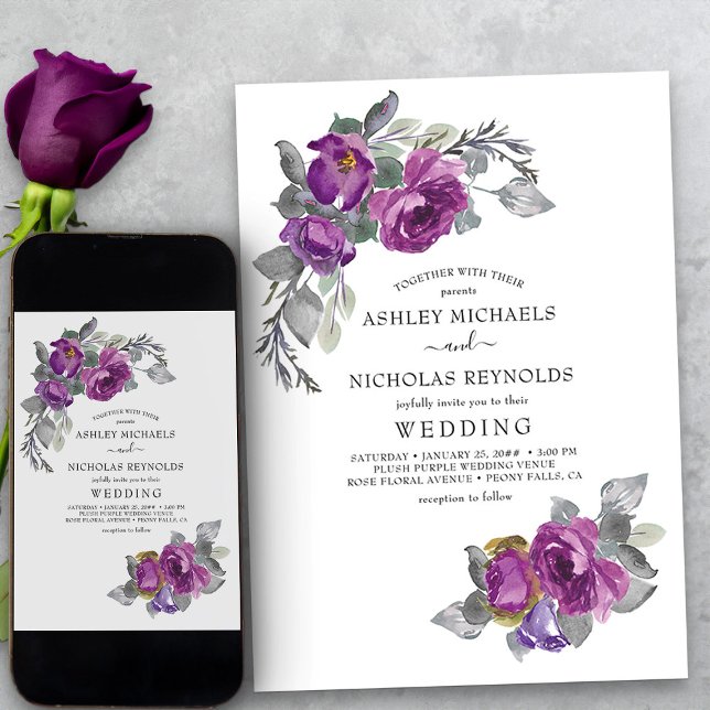 Simple Elegant Floral Purple Flowers Wedding Invitation (Simple purple floral wedding invitation from my Plush Purple Wedding Collection)