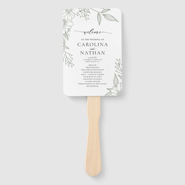 Simple Elegant Floral Sage Green Wedding Program  Hand Fan (Front)