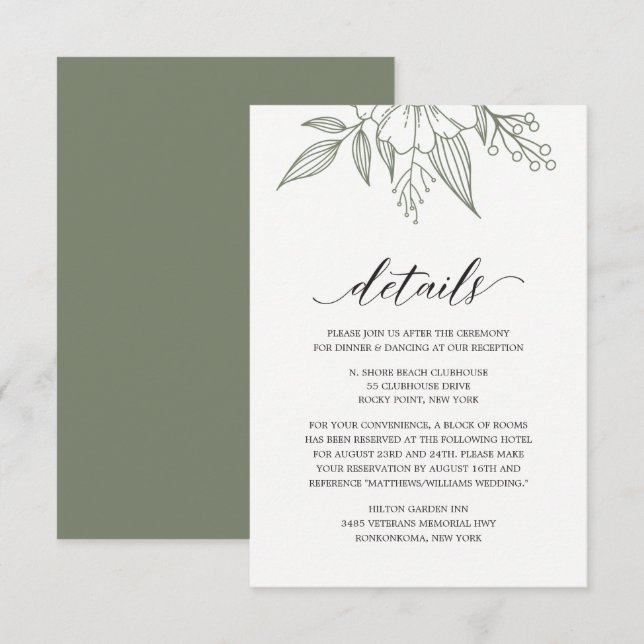 Simple Elegant Floral Wedding Sage Enclosure Card (Front/Back)