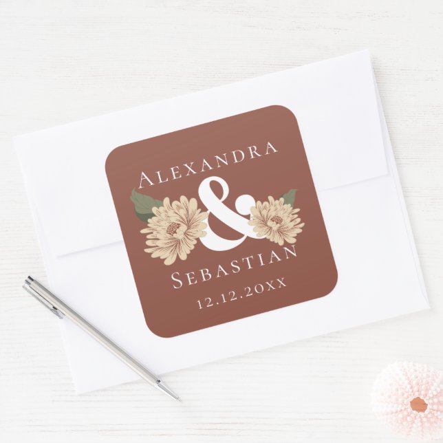Simple Elegant Floral Wedding Save The Date Square Sticker (Envelope)