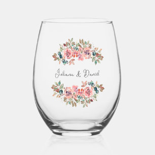 Simple Elegant Floral Wedding Stemless Wine Glass