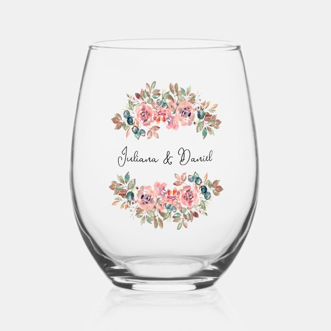 Simple Elegant Floral Wedding Stemless Wine Glass (Front)