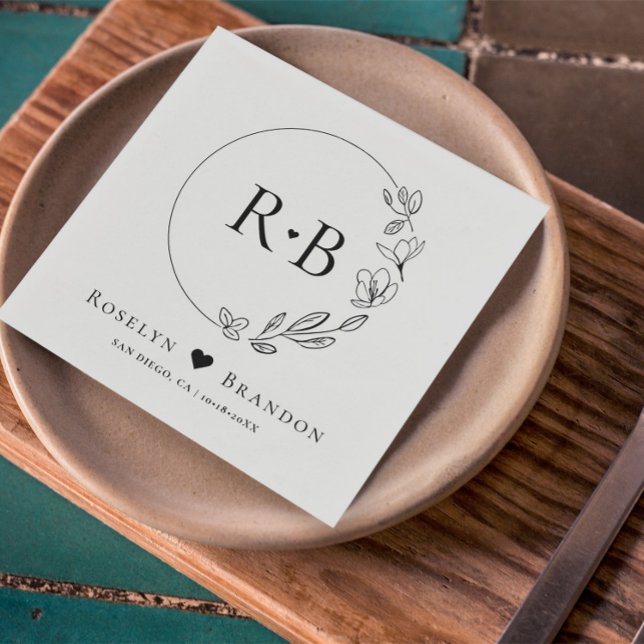 Simple Elegant Floral Wreath Wedding Monogram  Napkin (Monogrammed wedding napkins in chic, minimal wreath floral design. Customizable names and date.)