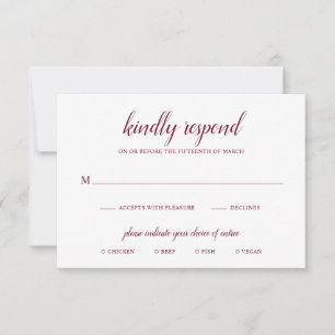 Simple Elegant Formal Meal Burgundy Wedding RSVP Card
