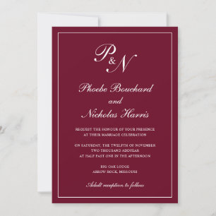 Simple Elegant Formal Monogram Burgundy Wedding Invitation