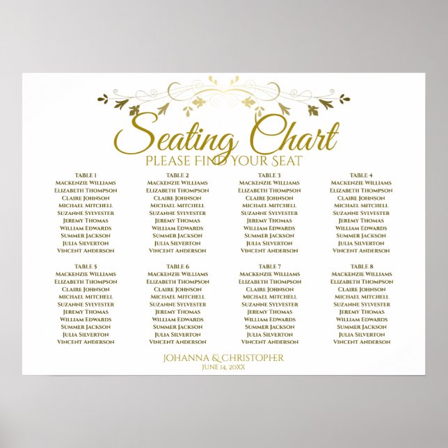 Simple Elegant Gold 8 Table Wedding Seating Chart (Front)