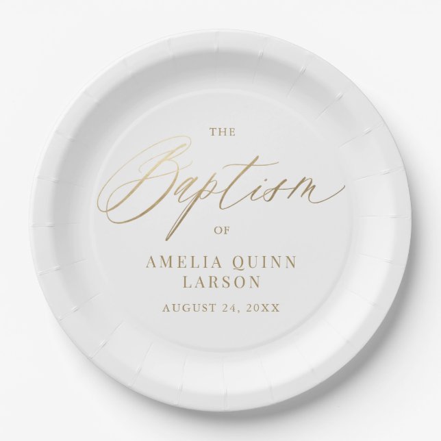 Simple Elegant Gold Calligraphy Script Baptism Paper Plate (Front)