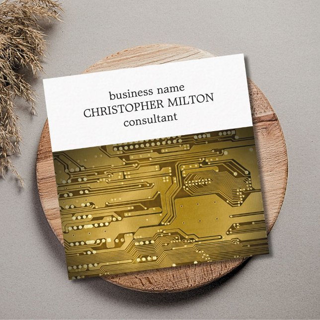 Simple Elegant Gold Circuit Board HighTech Service Square Business Card (Creator Uploaded)