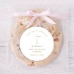 Simple Elegant Gold Cross Baptism Christening Classic Round Sticker<br><div class="desc">Our Simple Elegant Gold Cross Baptism sticker features a faux gold foil cross,  paired with modern type and beautiful script.</div>