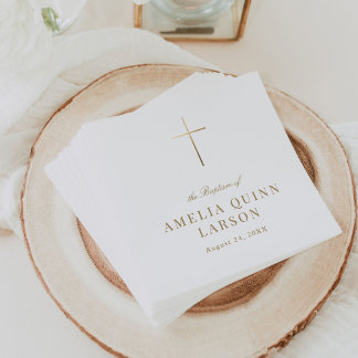 Simple Elegant Gold Cross Baptism Christening Napkin