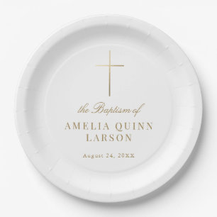 Simple Elegant Gold Cross Baptism Christening Paper Plate