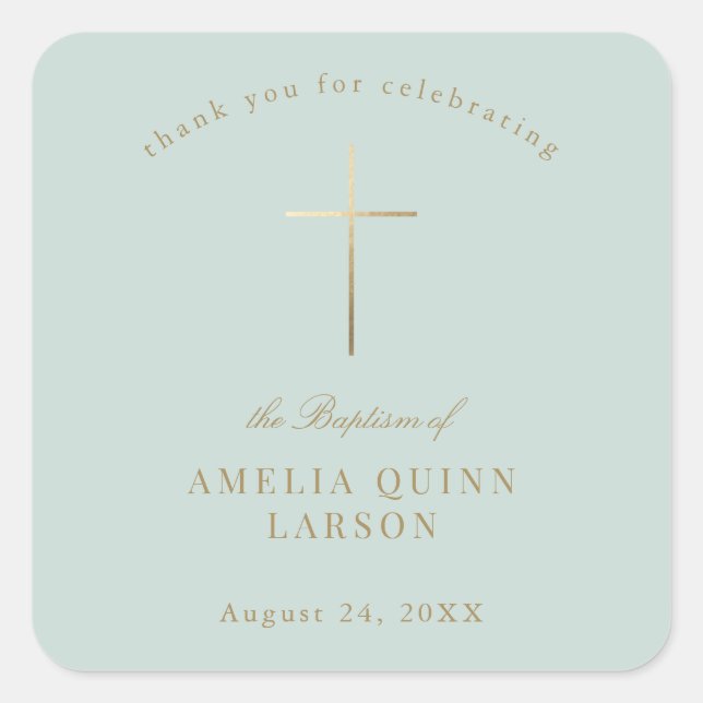 Simple Elegant Gold Cross Baptism Christening Square Sticker (Front)