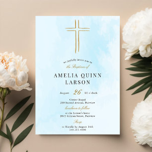 Simple Elegant Gold Cross Baptism Invitation