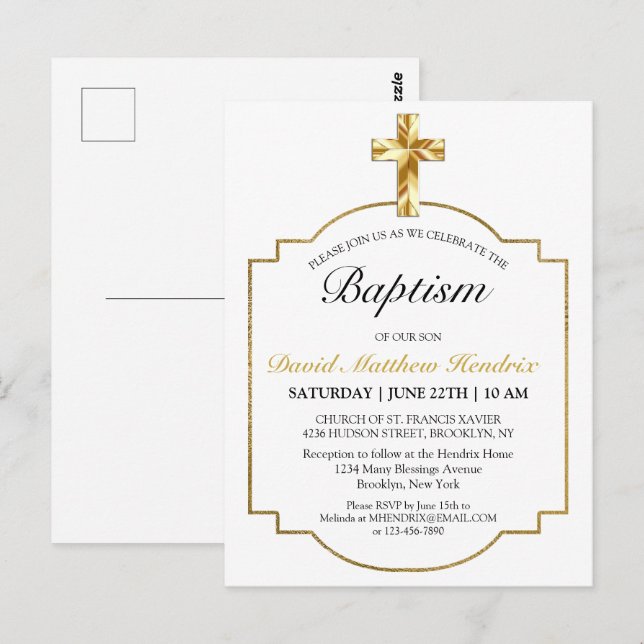 Simple Elegant Gold Cross Boys Baptism  Invitation Postcard (Front/Back)