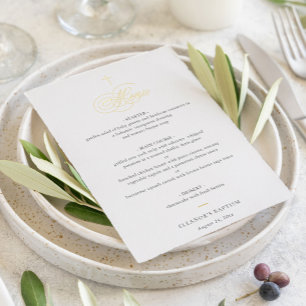 Simple Elegant Gold Cross Calligraphy Baptism Menu