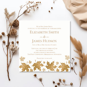 Simple Elegant Gold Fall Leaves Wedding Invitation