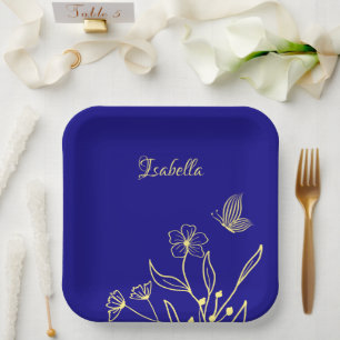 Simple elegant gold flower royal blue paper plate