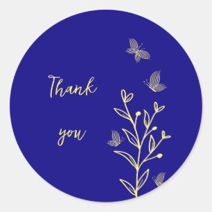 Simple elegant gold flower royal blue wedding classic round sticker