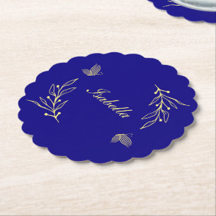 Simple elegant gold flower royal blue wedding paper coaster