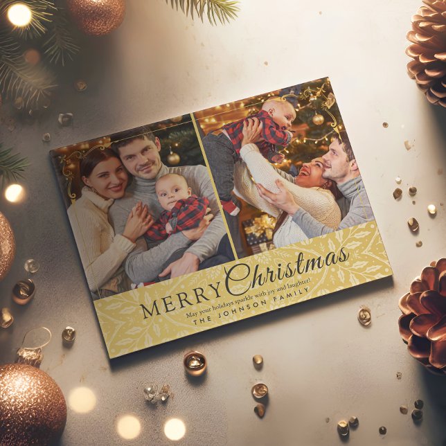 Simple Elegant Gold Frame 2 Photo Christmas Holiday Postcard (Creator Uploaded)