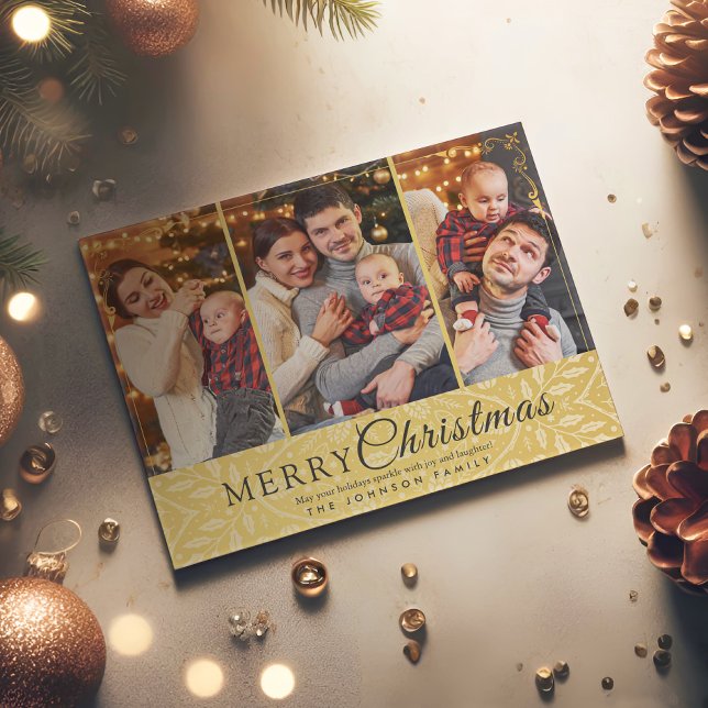 Simple Elegant Gold Frame 3 Photo Christmas Holiday Postcard (Creator Uploaded)