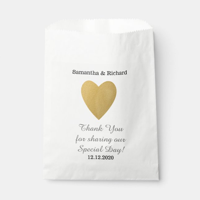 Simple Elegant Gold Heart Wedding Thank you Favour Bag (Front)