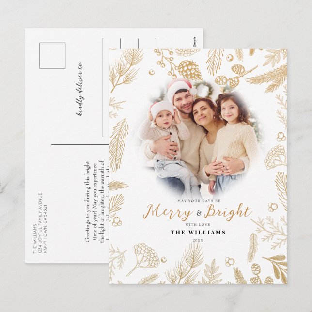 Simple Elegant Gold Merry & Bright Photo Christmas Holiday Postcard (Front/Back)